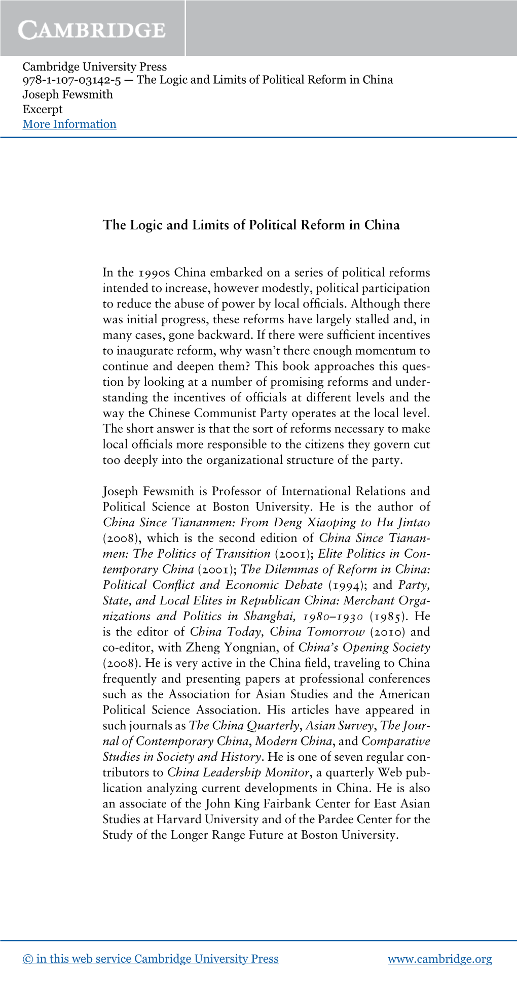 The Logic and Limits of Political Reform in China Joseph Fewsmith Excerpt More Information