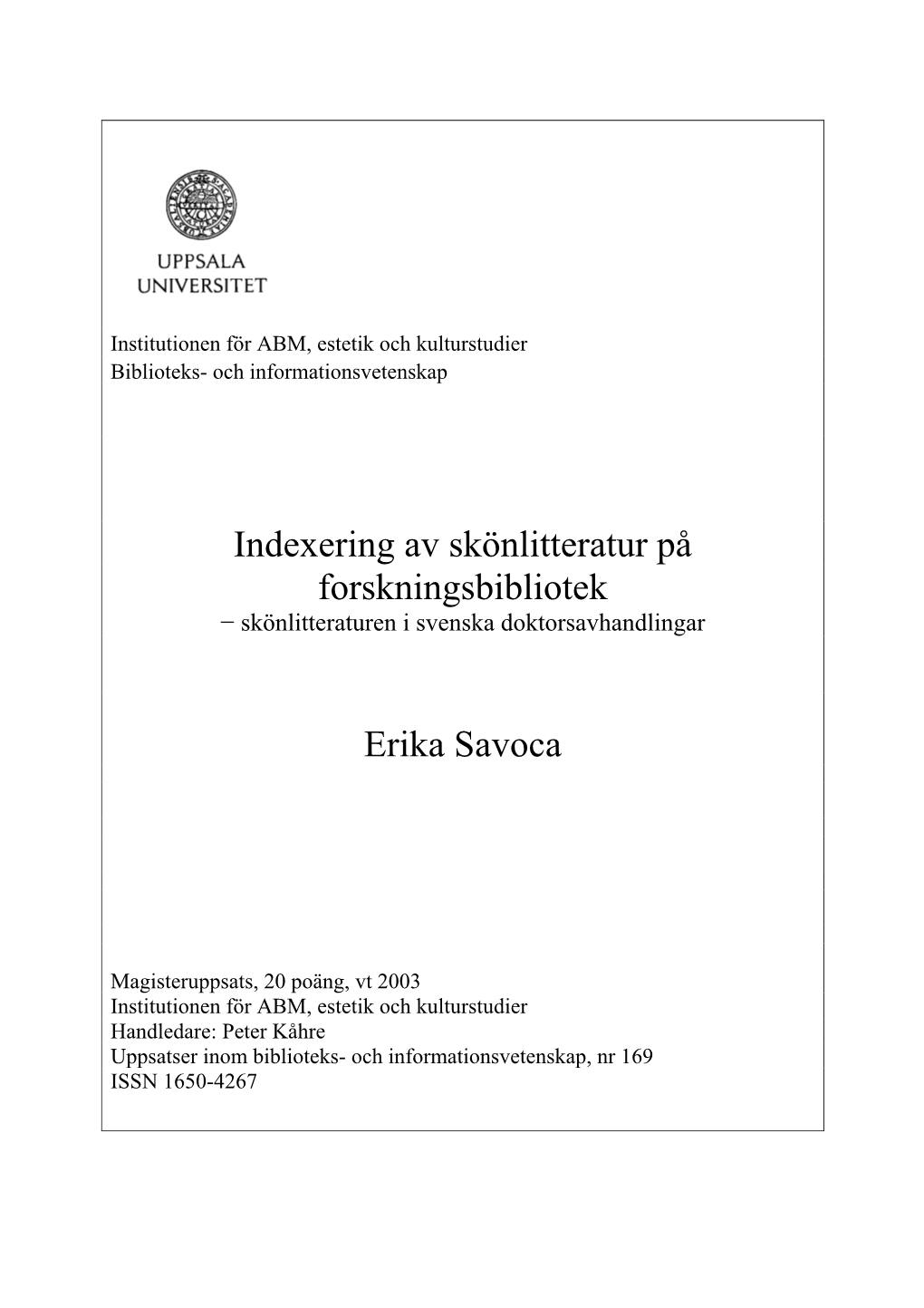 Indexering Av Skönlitteratur På Forskningsbibliotek Erika Savoca