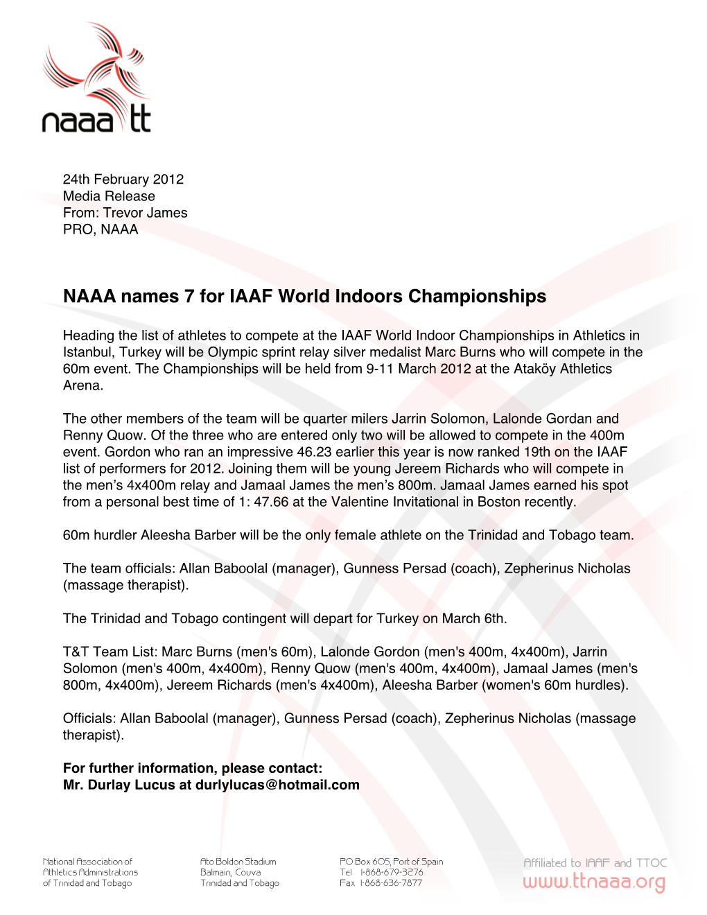 NAAA Names 7 for IAAF World Indoors Championships