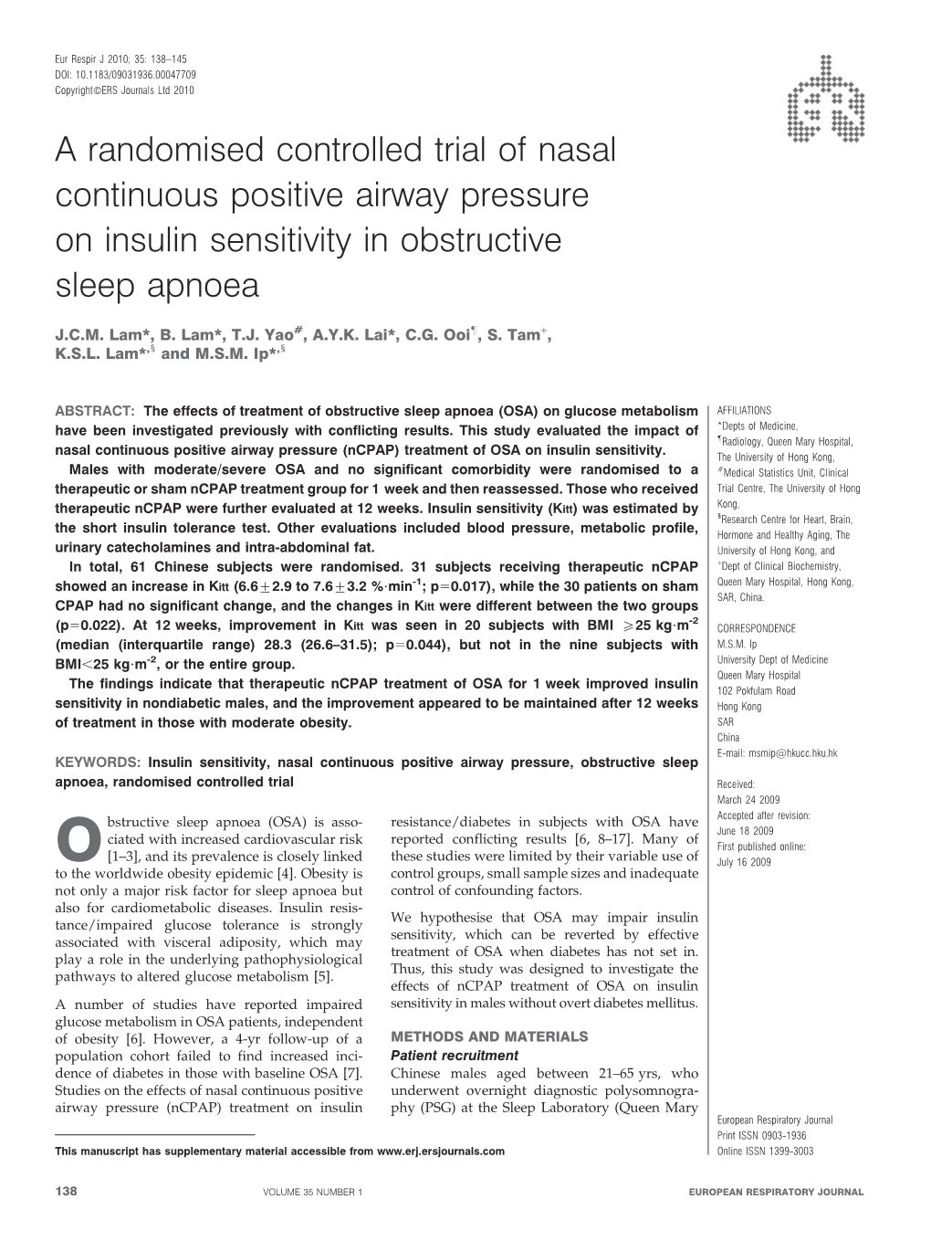 A Randomised Controlled Trial of Nasal Continuous Positive Airway Pressure on Insulin Sensitivity in Obstructive Sleep Apnoea
