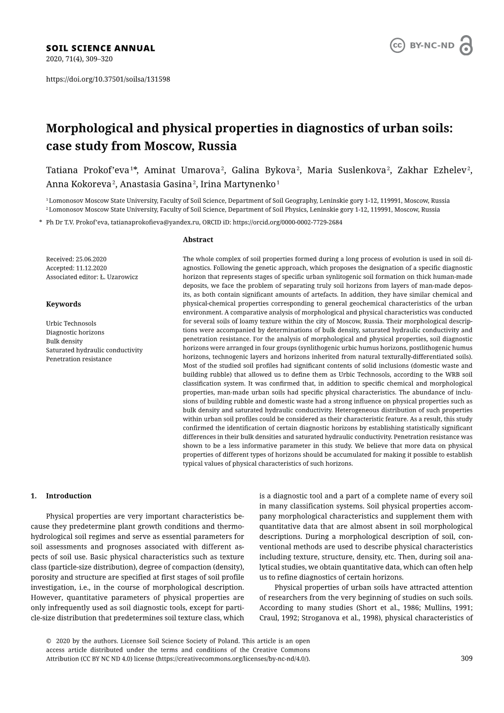 Morphological and Physical Properties in Diagnostics of Urban Soils: Case Study from Moscow, Russia