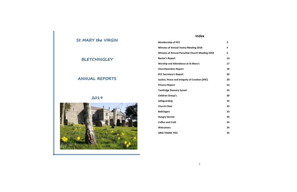 St MARY the VIRGIN BLETCHINGLEY ANNUAL REPORTS 2019 Index