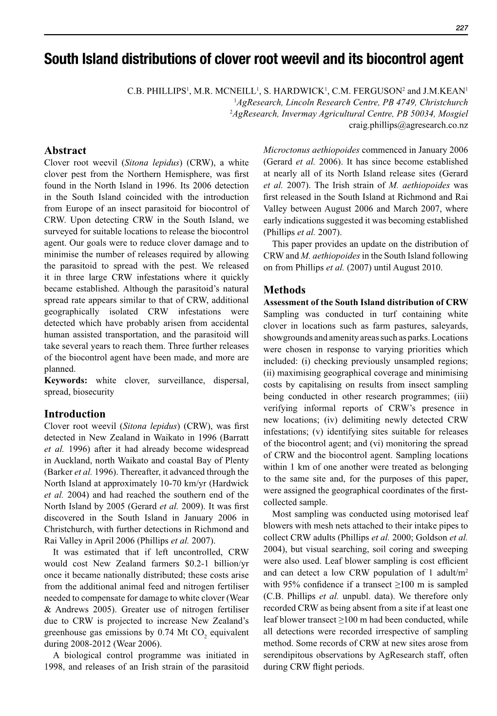 South Island Distributions of Clover Root Weevil and Its Biocontrol Agent