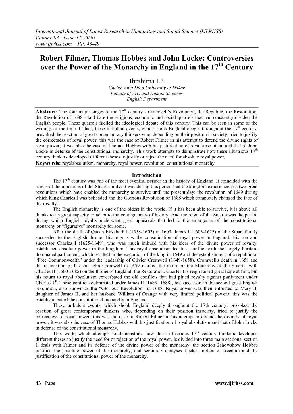 Robert Filmer, Thomas Hobbes and John Locke: Controversies Over the Power of the Monarchy in England in the 17Th Century