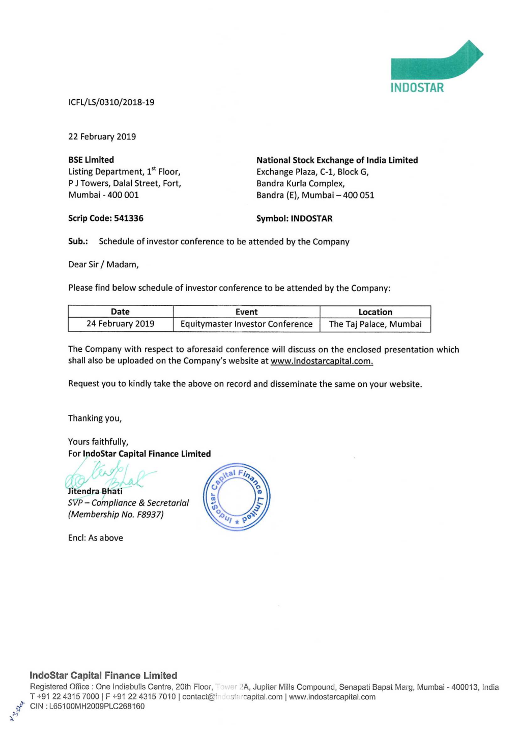 Schedule of Investor Meeting 22 February 2019