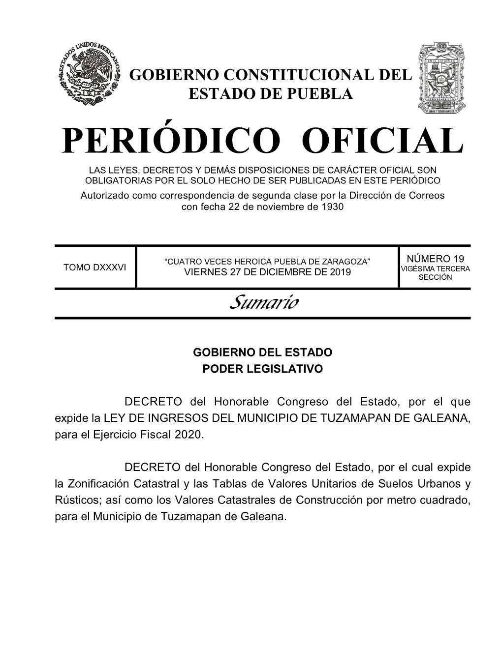 LEY DE INGRESOS DEL MUNICIPIO DE TUZAMAPAN DE GALEANA , Para El Ejercicio Fiscal 2020