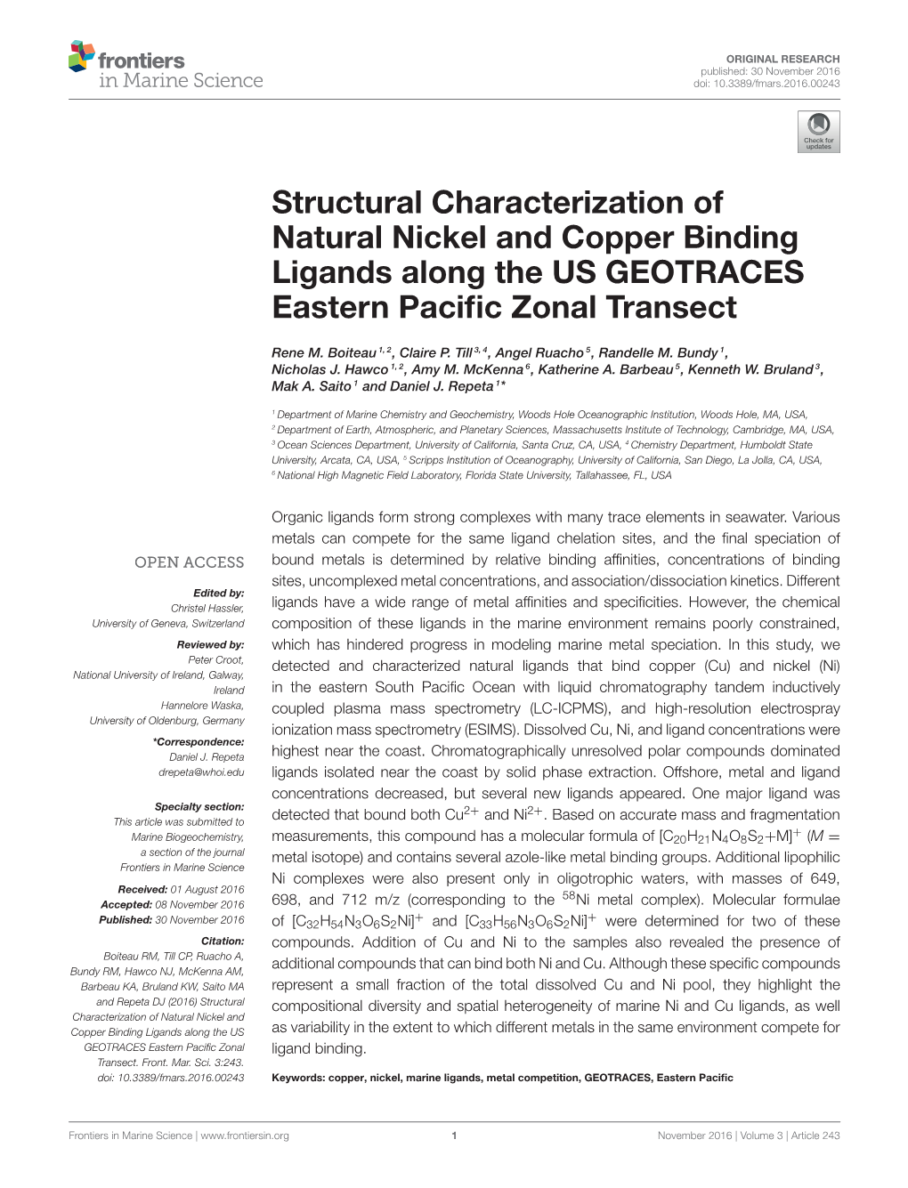 Structural Characterization of Natural Nickel and Copper Binding Ligands Along the US GEOTRACES Eastern Paciﬁc Zonal Transect