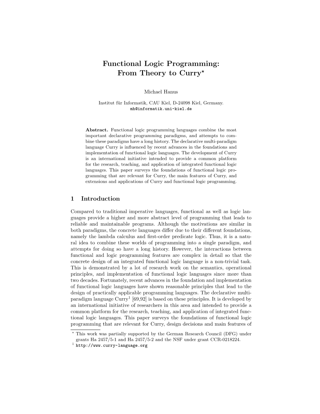 Functional Logic Programming: from Theory to Curry⋆