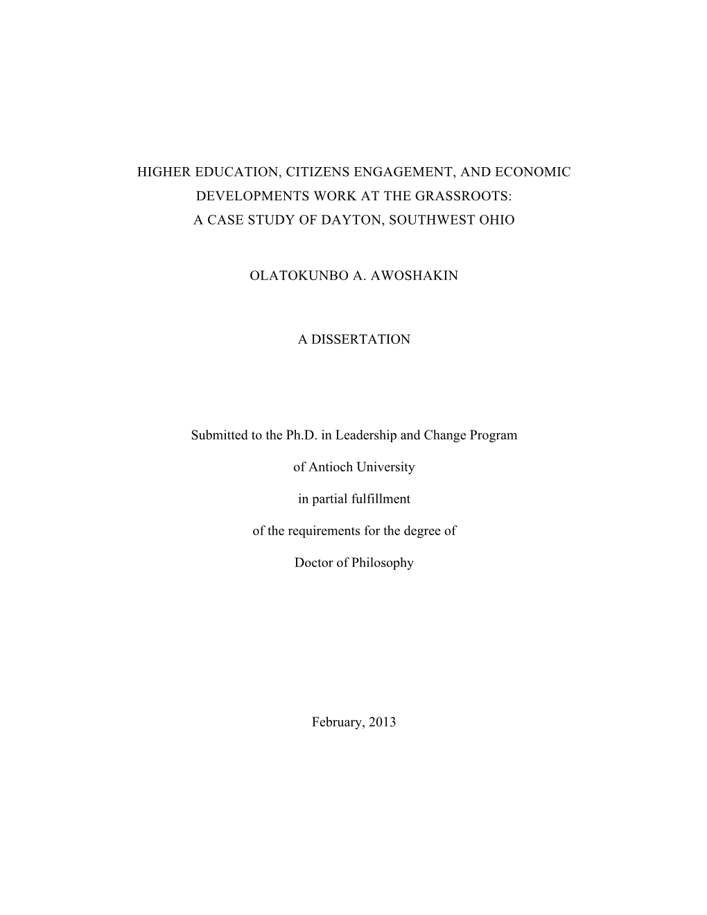 Higher Education, Citizens Engagement, and Economic Developments Work at the Grassroots: a Case Study of Dayton, Southwest Ohio