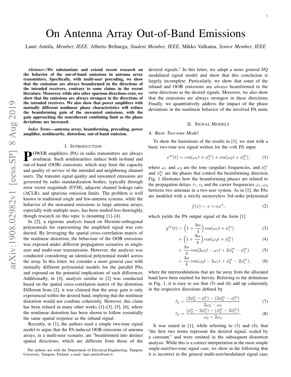 On Antenna Array Out-Of-Band Emissions Lauri Anttila, Member, IEEE, Alberto Brihuega, Student Member, IEEE, Mikko Valkama, Senior Member, IEEE