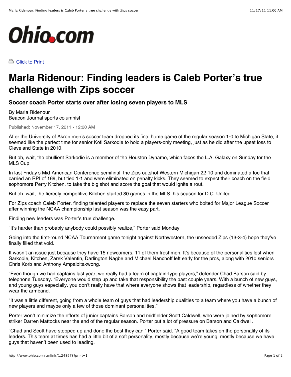 Marla Ridenour Finding Leaders Is Caleb Porter's True Challenge With
