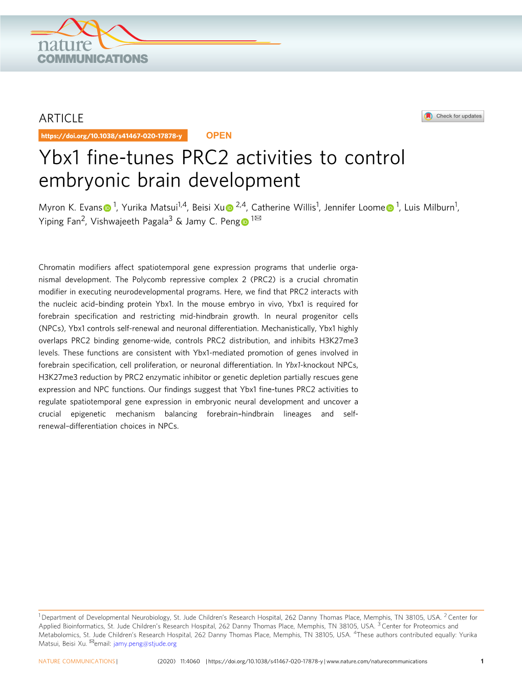 Ybx1 Fine-Tunes PRC2 Activities to Control Embryonic Brain Development