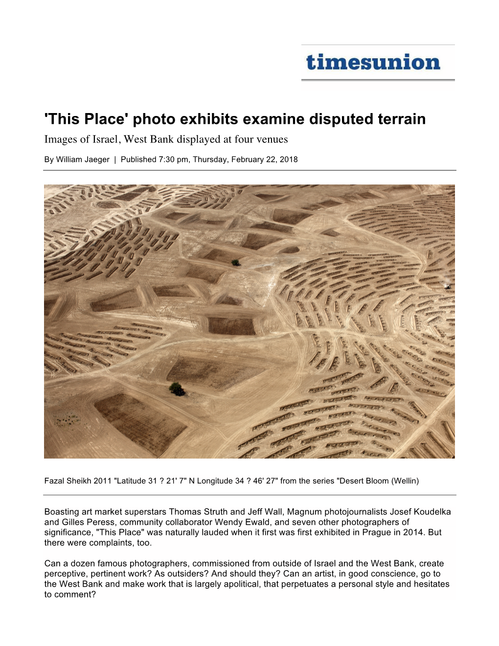 'This Place' Photo Exhibits Examine Disputed Terrain Images of Israel, West Bank Displayed at Four Venues