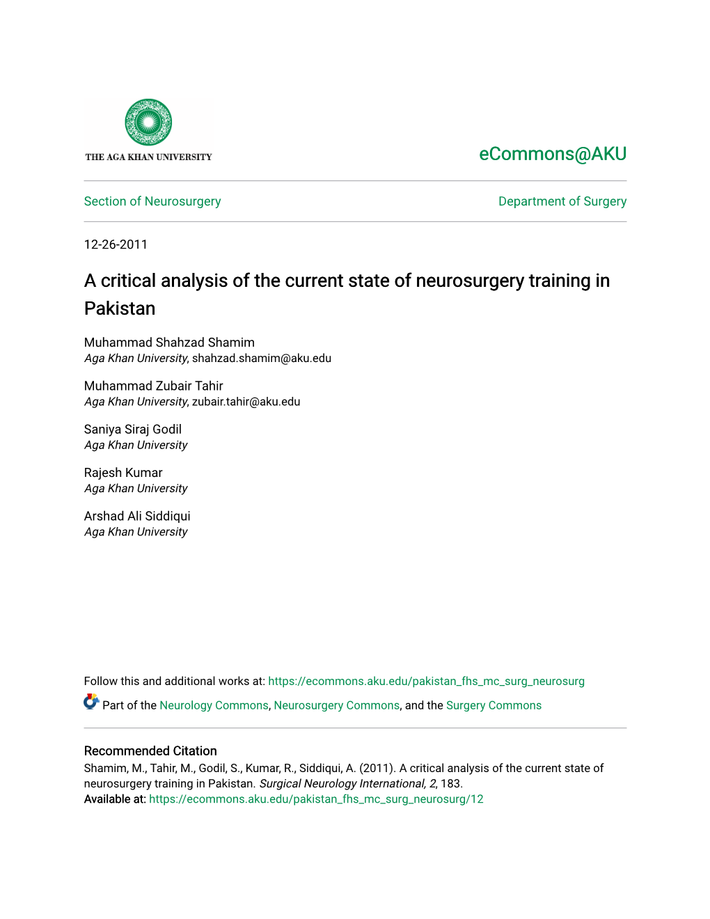 A Critical Analysis of the Current State of Neurosurgery Training in Pakistan