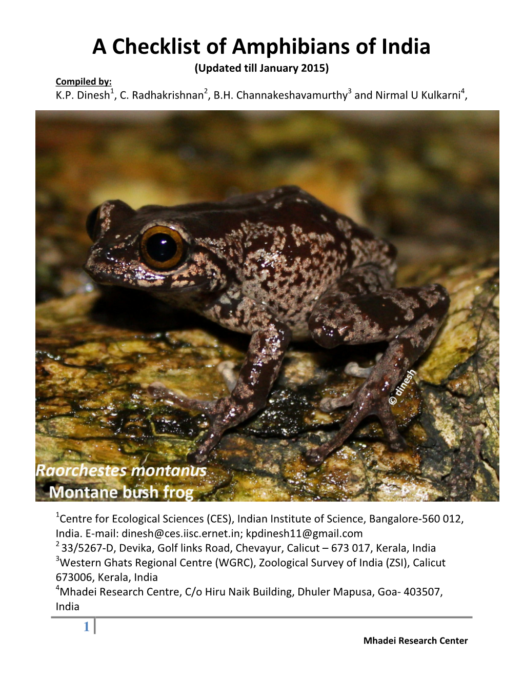 A Checklist of Amphibians of India (Updated Till January 2015) Compiled By: K.P