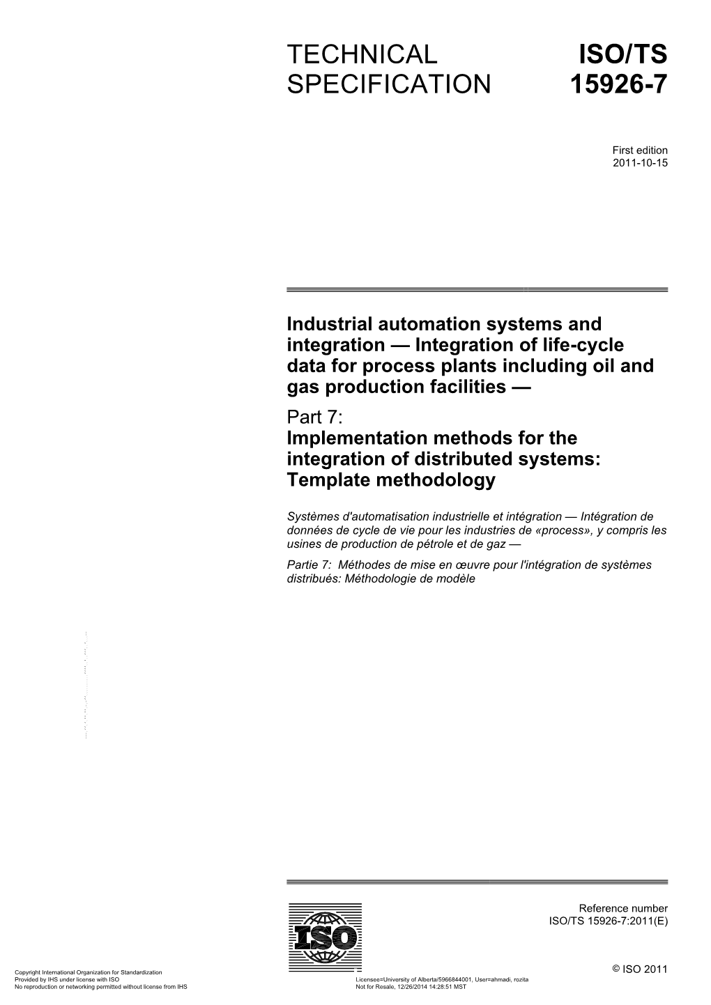 Technical Specification Iso/Ts 15926-7:2011(E)