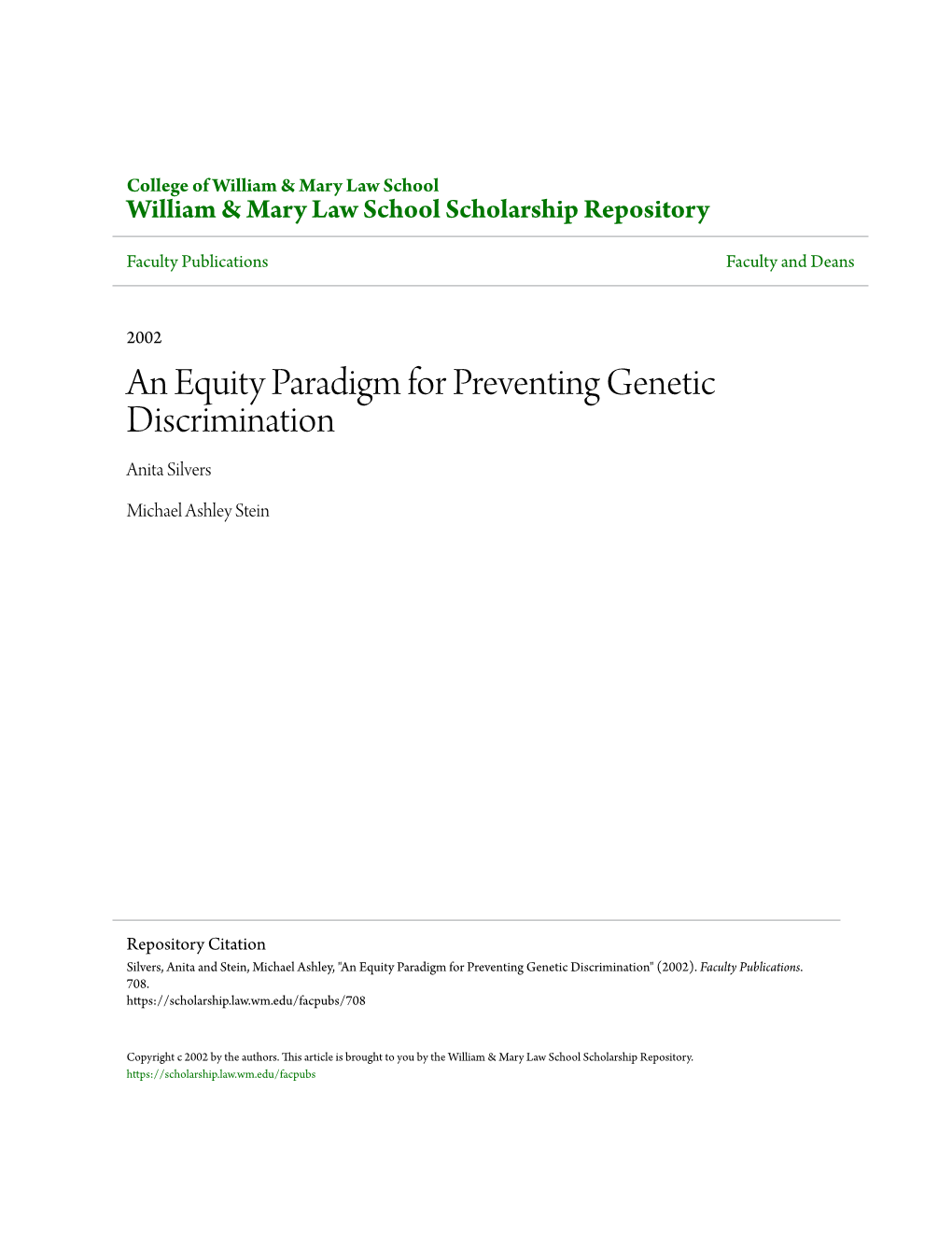 An Equity Paradigm for Preventing Genetic Discrimination Anita Silvers