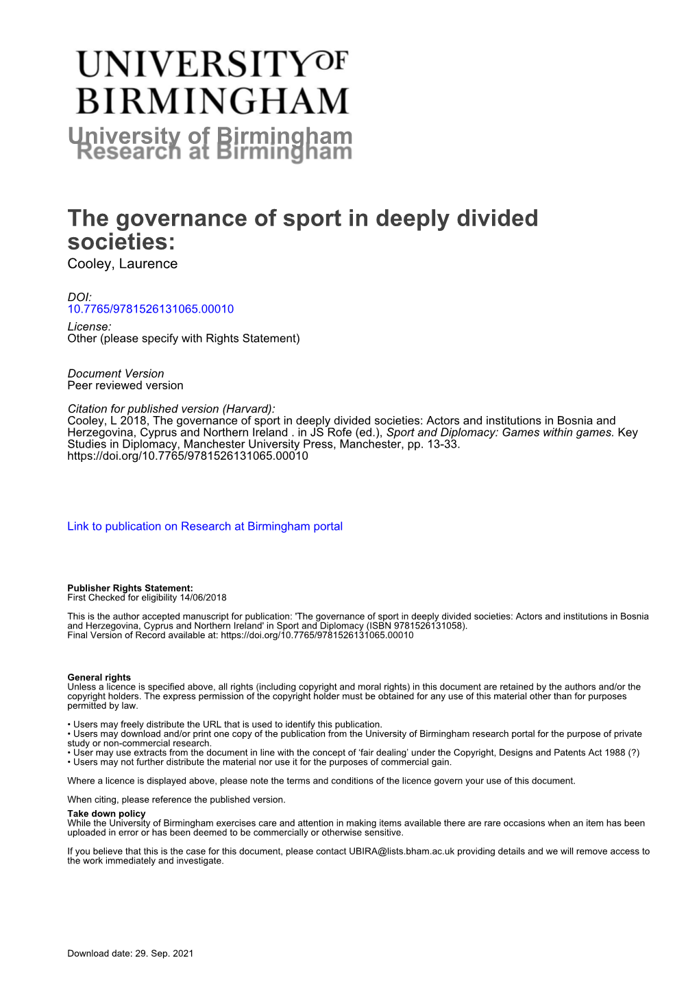 University of Birmingham the Governance of Sport In