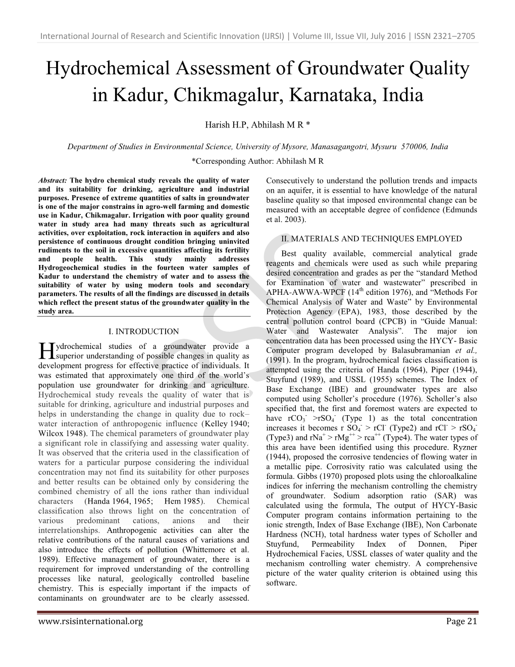 Hydrochemical Assessment of Groundwater Quality in Kadur, Chikmagalur, Karnataka, India