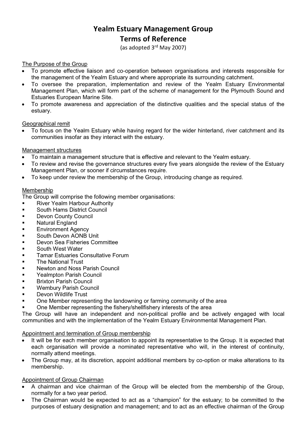 Yealm Estuary Management Group Terms of Reference (As Adopted 3Rd May 2007)