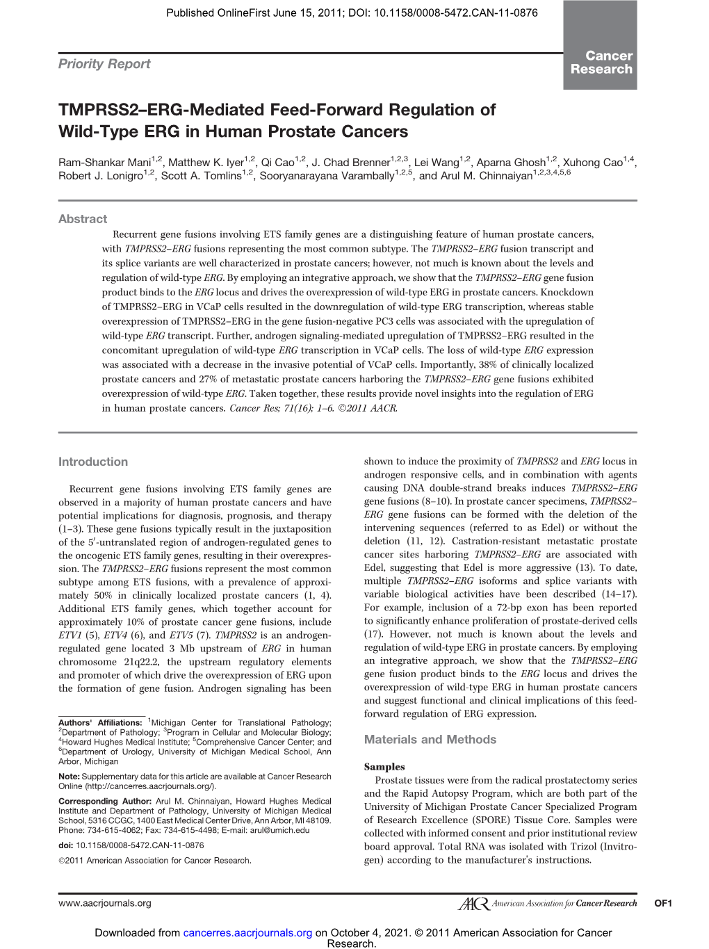 TMPRSS2–ERG-Mediated Feed-Forward Regulation of Wild-Type ERG in Human Prostate Cancers