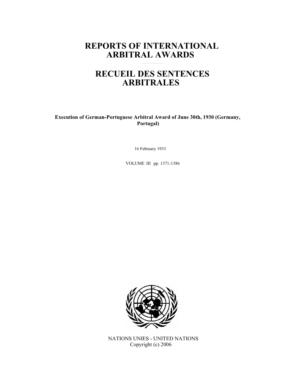 Execution of German-Portuguese Arbitral Award of June 30Th, 1930 (Germany, Portugal)