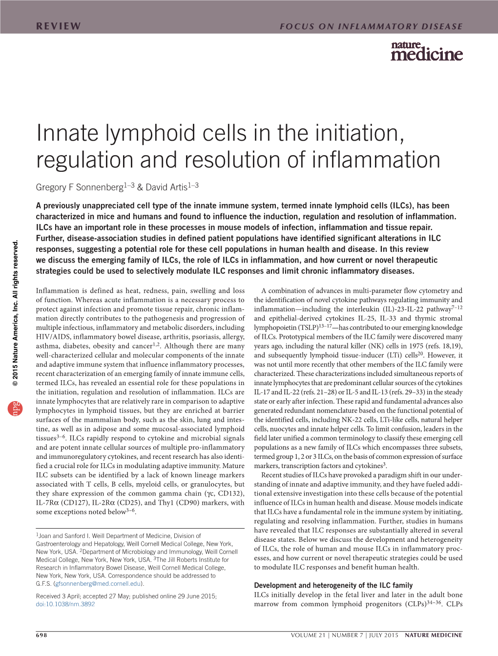 Innate Lymphoid Cells in the Initiation, Regulation and Resolution of Inflammation