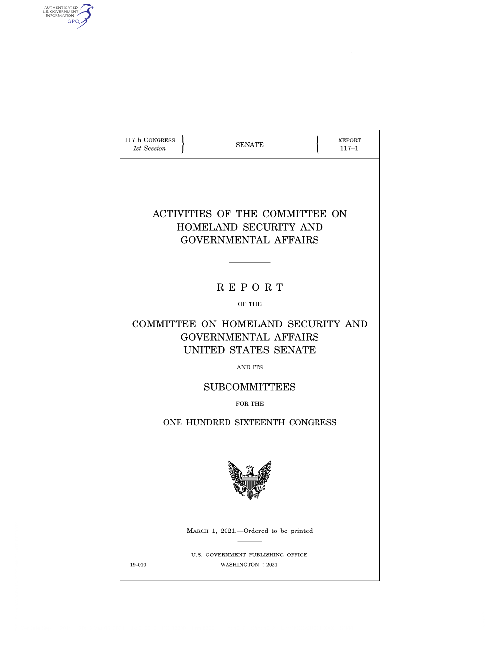 Activities of the Committee on Homeland Security and Governmental Affairs