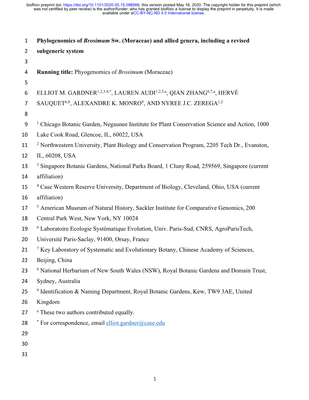 Moraceae) and Allied Genera, Including a Revised 2 Subgeneric System 3 4 Running Title: Phyogenomics of Brosimum (Moraceae) 5 6 ELLIOT M