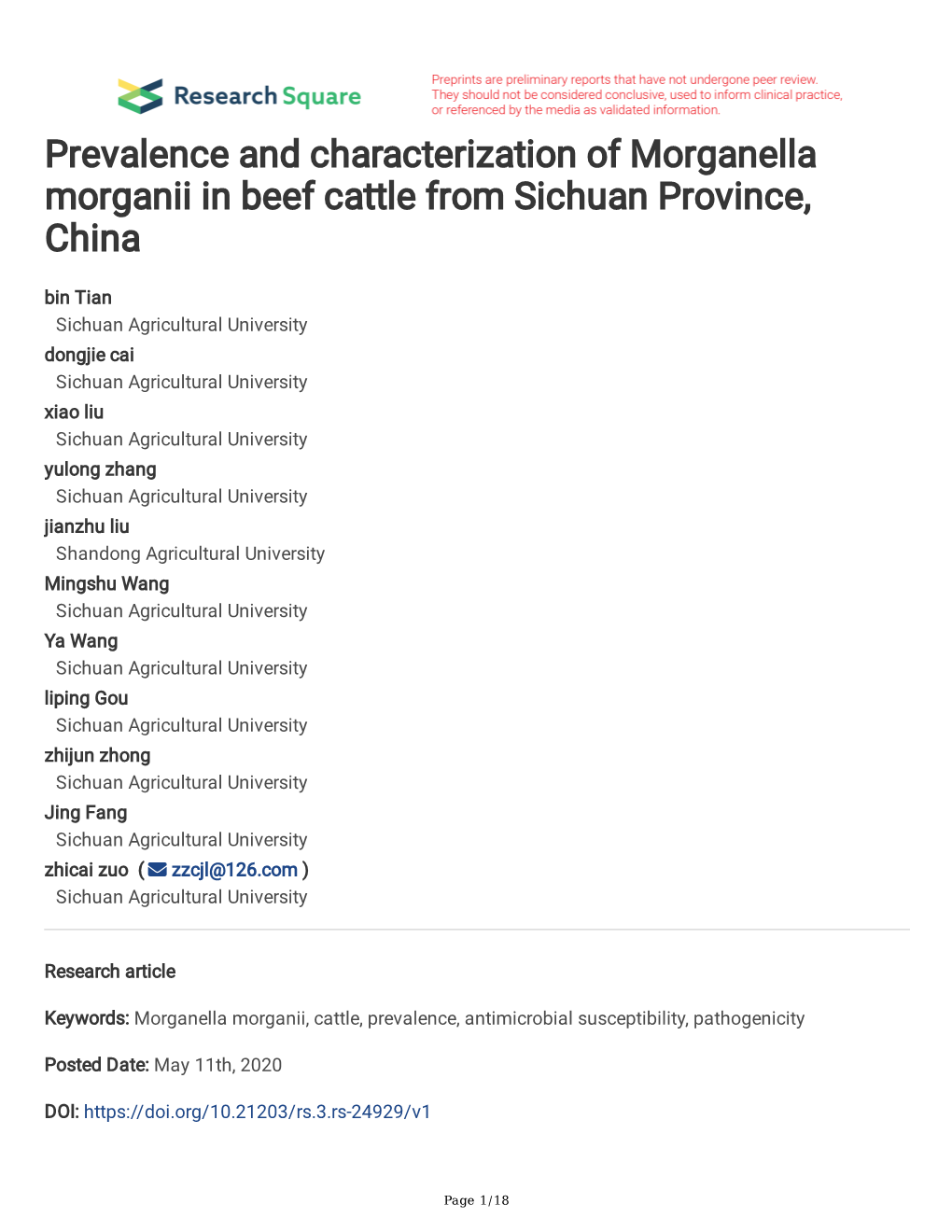 Prevalence and Characterization of Morganella Morganii in Beef Cattle