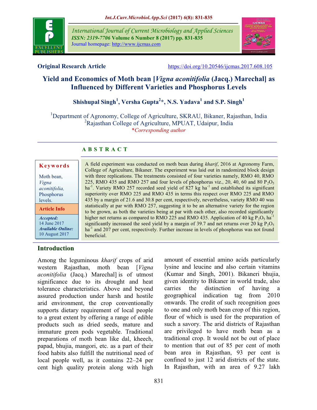 Yield and Economics of Moth Bean [Vigna Aconitifolia (Jacq.) Marechal] As Influenced by Different Varieties and Phosphorus Levels