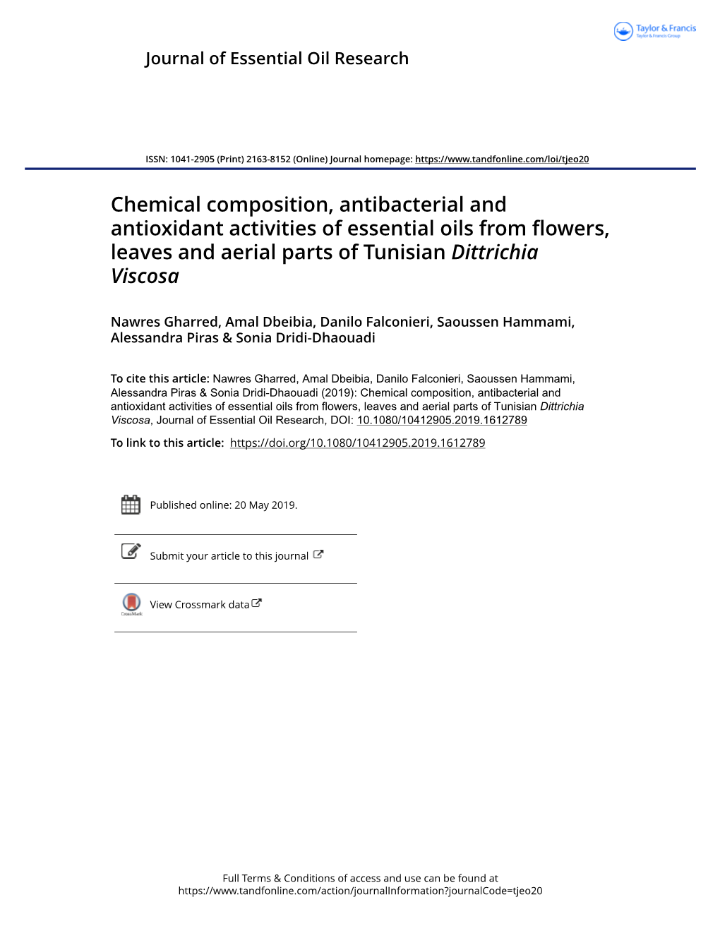 Chemical Composition, Antibacterial and Antioxidant Activities of Essential Oils from Flowers, Leaves and Aerial Parts of Tunisian Dittrichia Viscosa