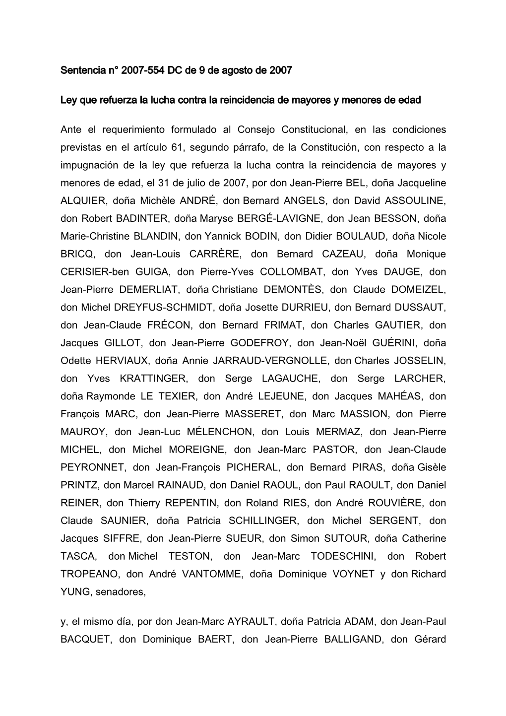Décision 2007-554 DC Du 9 Août 2007