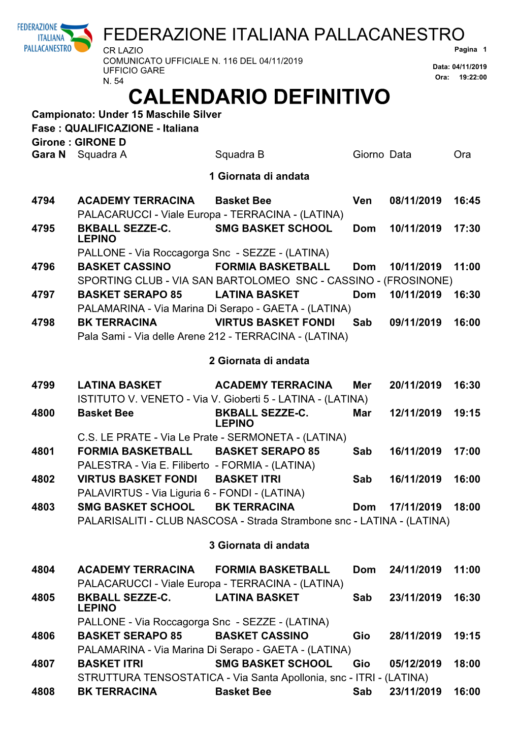 Calendario Fase Qualificazione Girone D