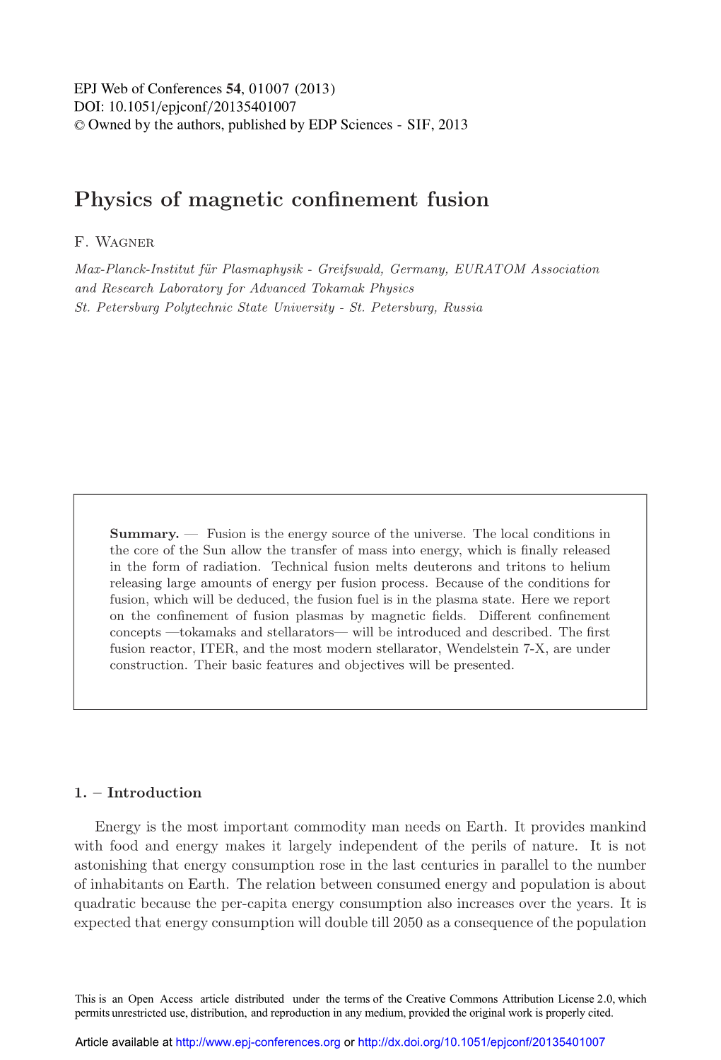 Physics of Magnetic Confinement Fusion