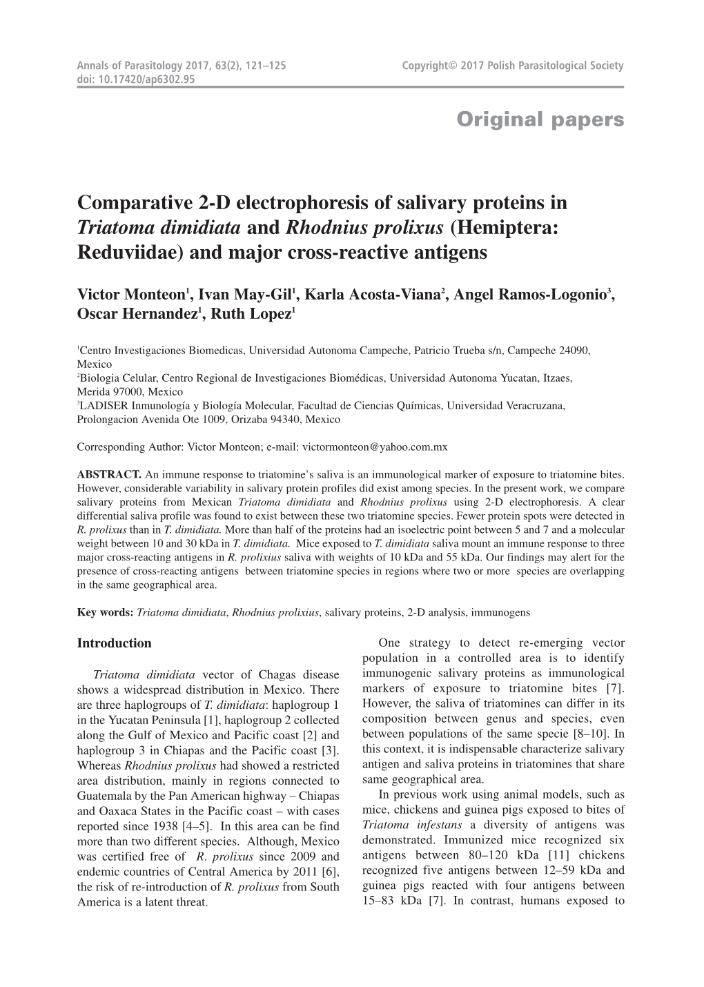 Comparative 2-D Electrophoresis of Salivary Proteins in Triatoma Dimidiata and Rhodnius Prolixus (Hemiptera: Reduviidae) and Major Cross-Reactive Antigens