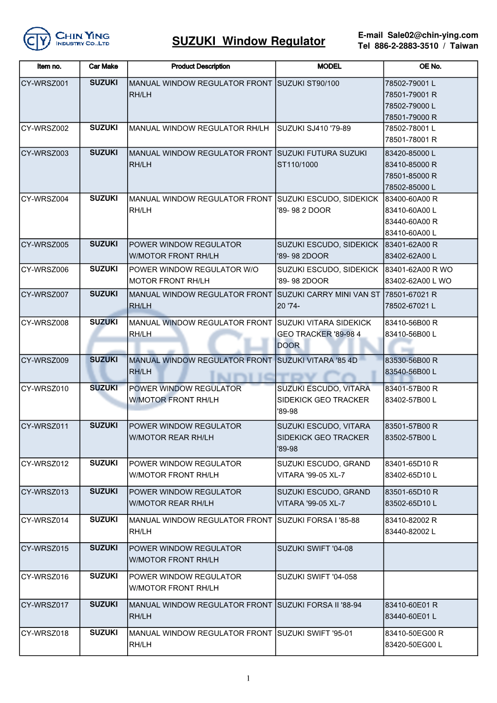 SUZUKI Window Regulator Tel 886-2-2883-3510 / Taiwan