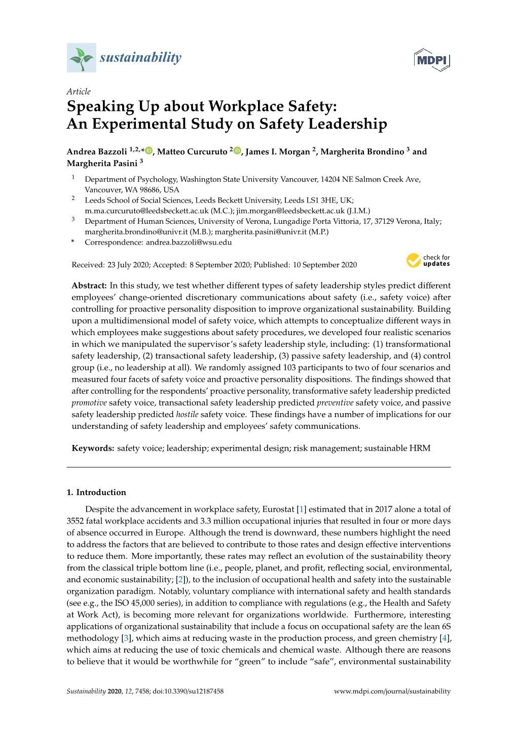 Speaking up About Workplace Safety: an Experimental Study on Safety Leadership