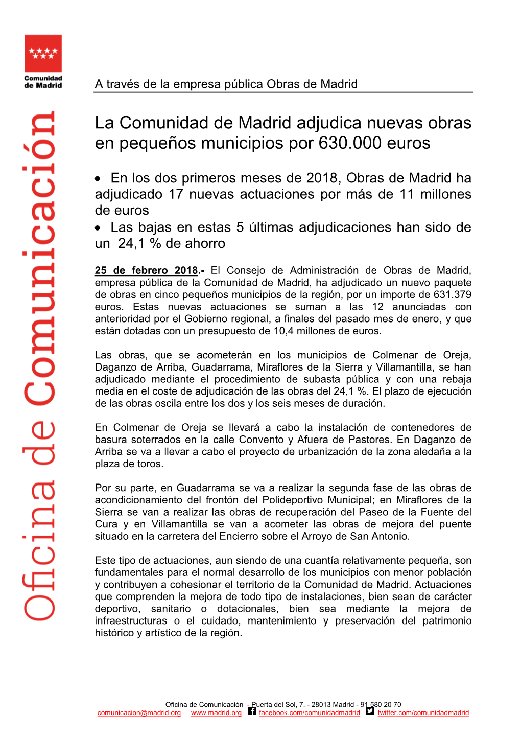 La Comunidad De Madrid Adjudica Nuevas Obras En Pequeños Municipios Por 630.000 Euros