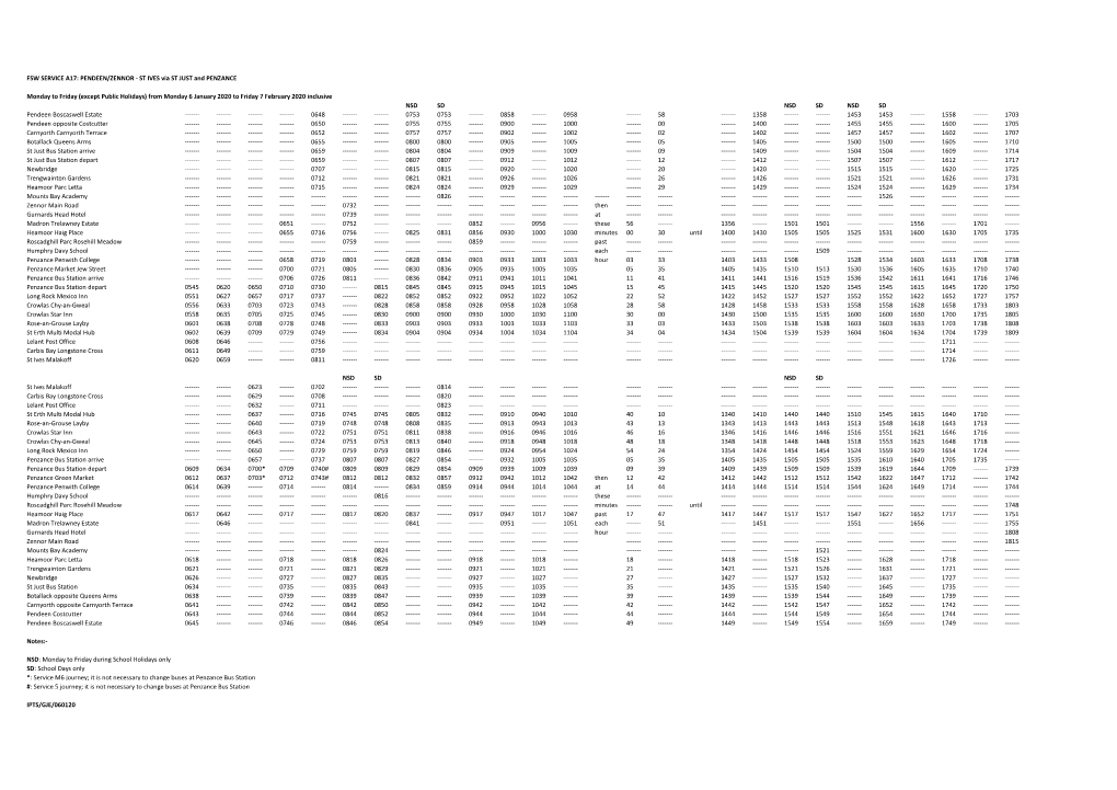 FSW SERVICE A17: PENDEEN/ZENNOR - ST IVES Via ST JUST and PENZANCE