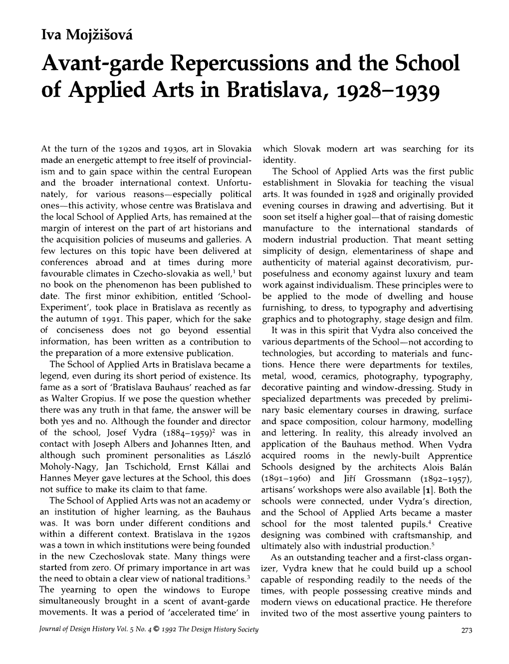 Avant-Garde Repercussions and the School of Applied Arts in Bratislava