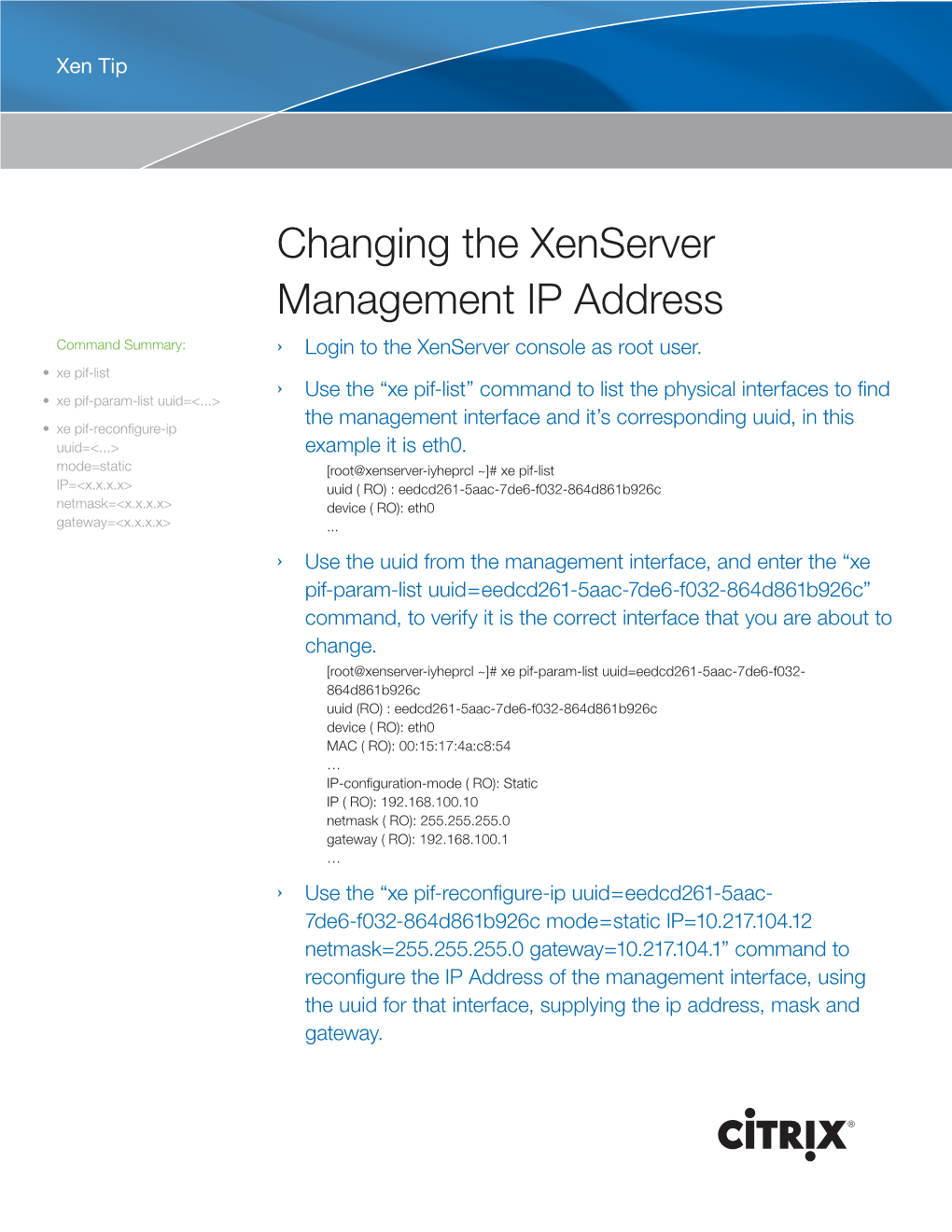 Changing the Xenserver Management IP Address