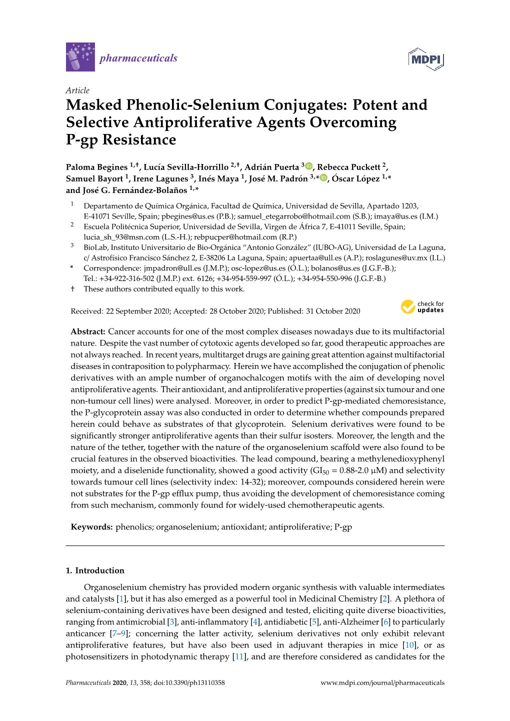 Masked Phenolic-Selenium Conjugates: Potent and Selective Antiproliferative Agents Overcoming P-Gp Resistance