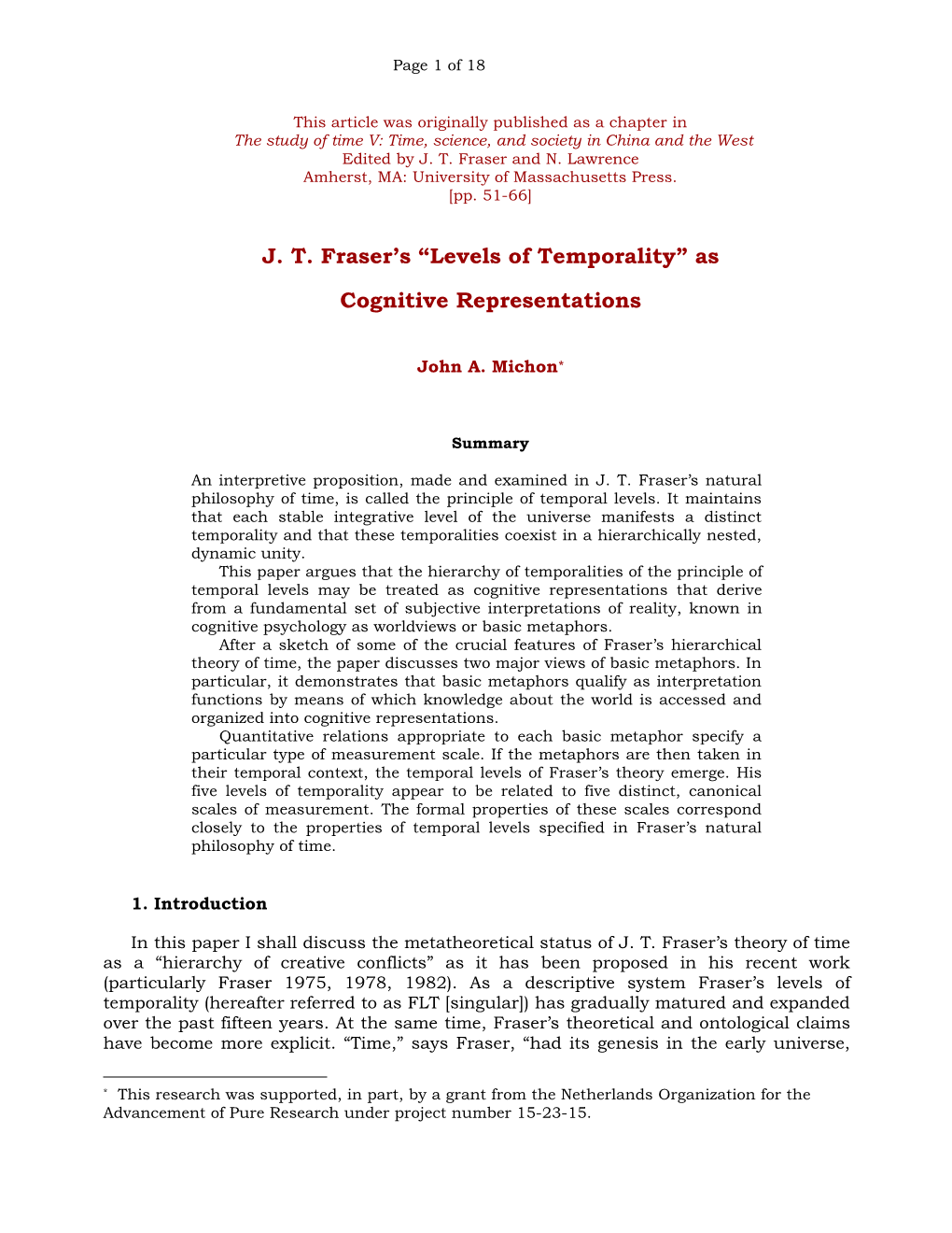 J. T. Fraser's Levels of Temporality As Cognitive Representations (1986)