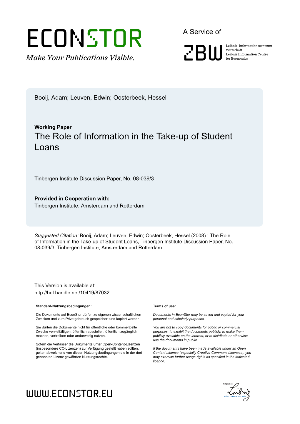 The Role of Information in the Take-Up of Student Loans