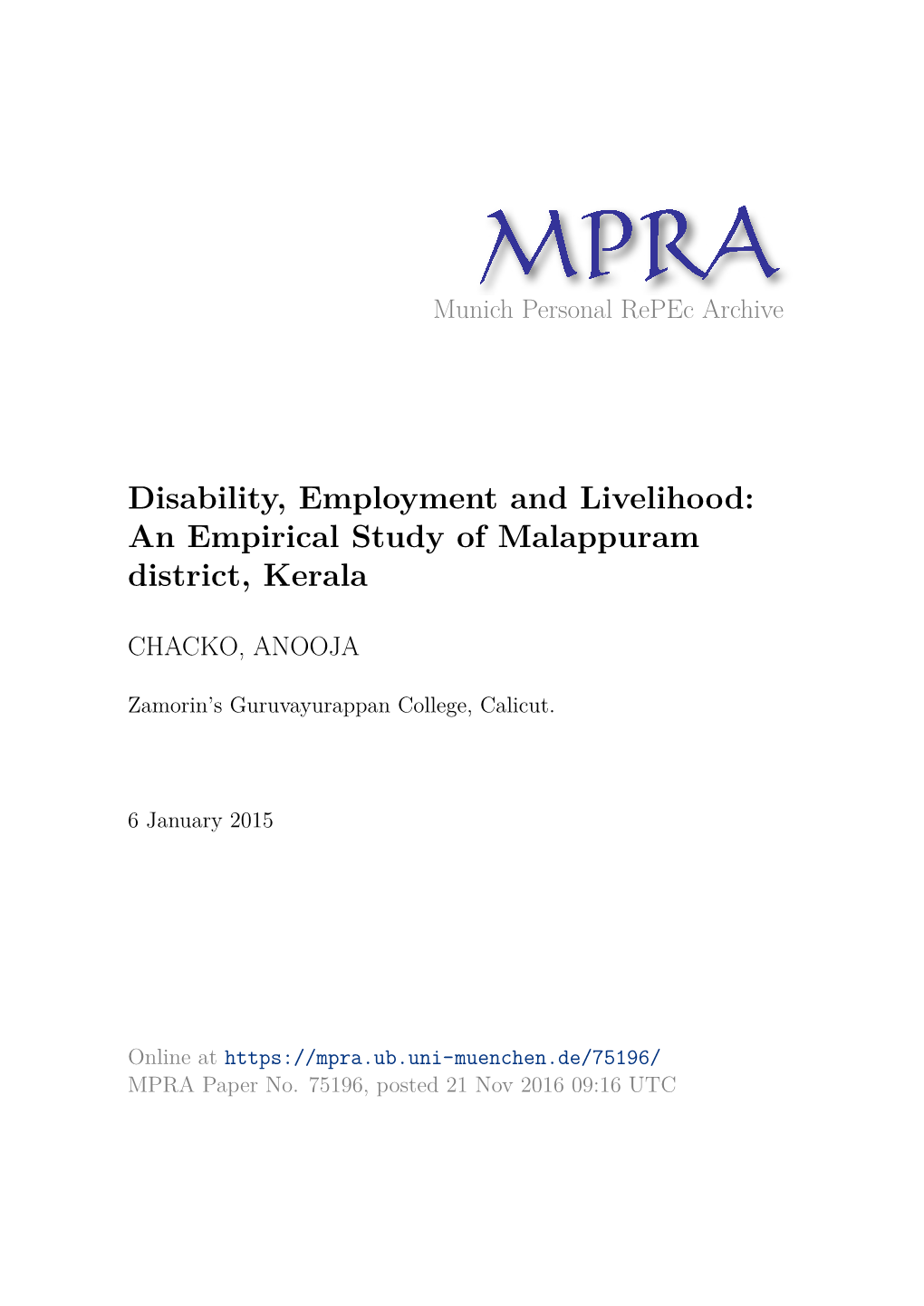 Disability, Employment and Livelihood: an Empirical Study of Malappuram District, Kerala