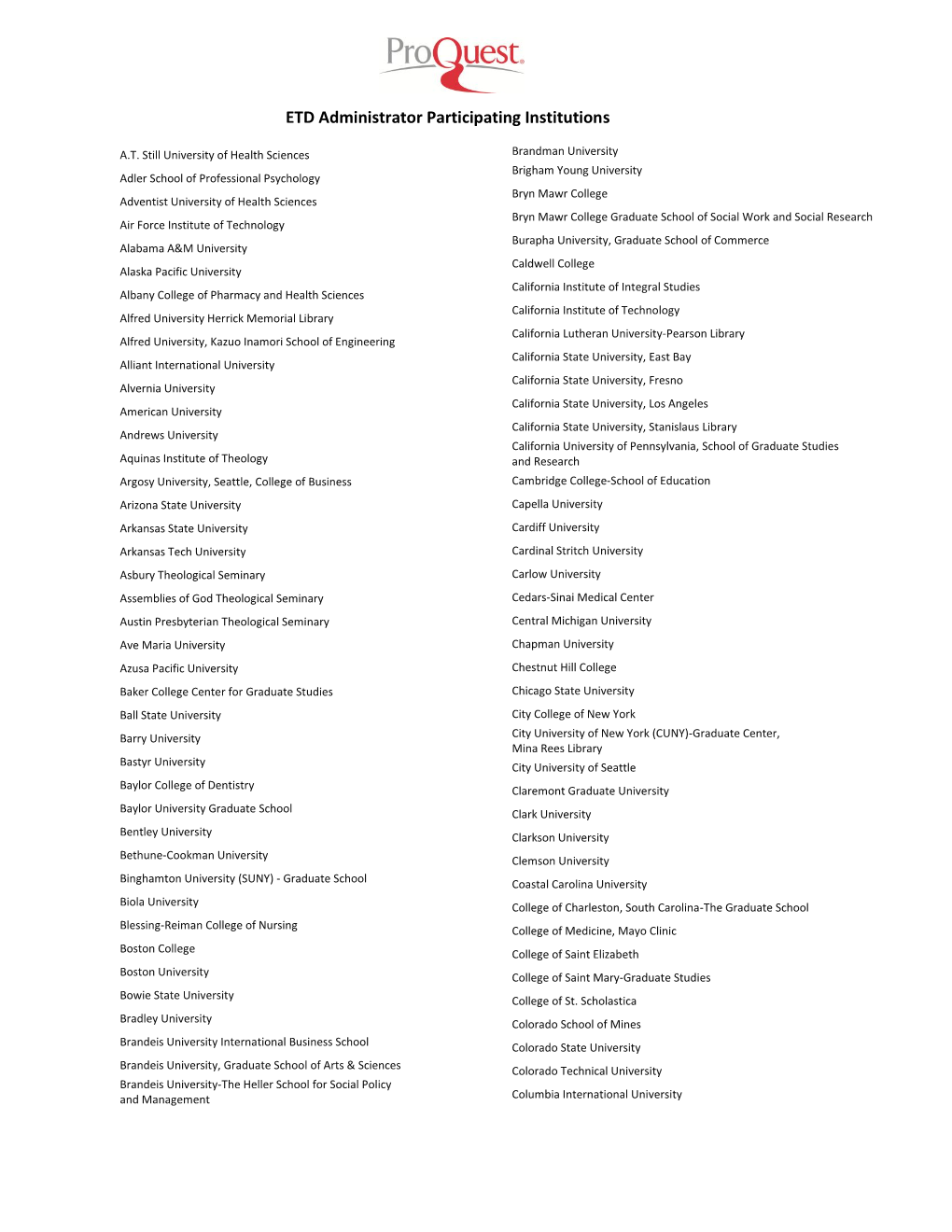 ETD Administrator Participating Institutions