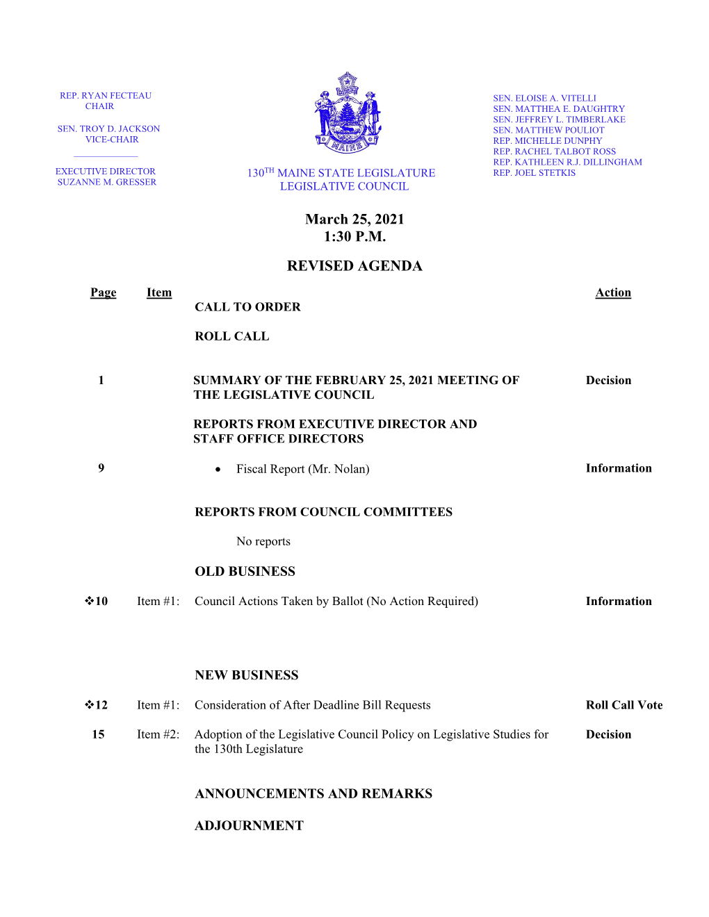 March 25, 2021 1:30 P.M. REVISED AGENDA