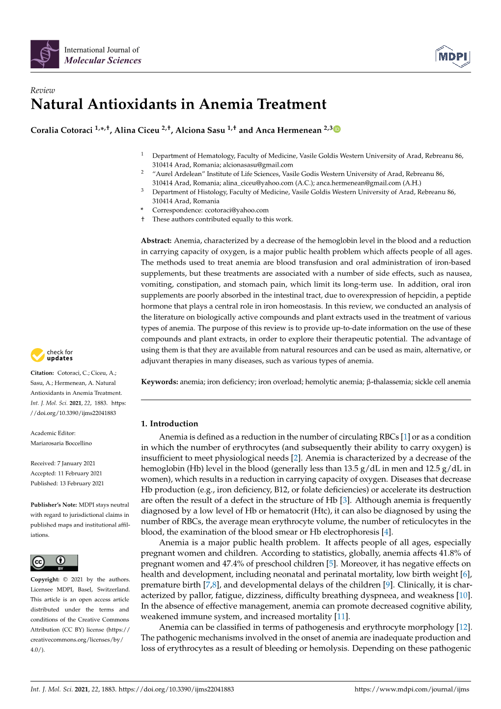 Natural Antioxidants in Anemia Treatment