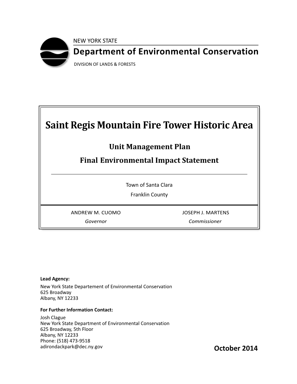 Saint Regis Fire Tower Historic Area Unit Management Plan